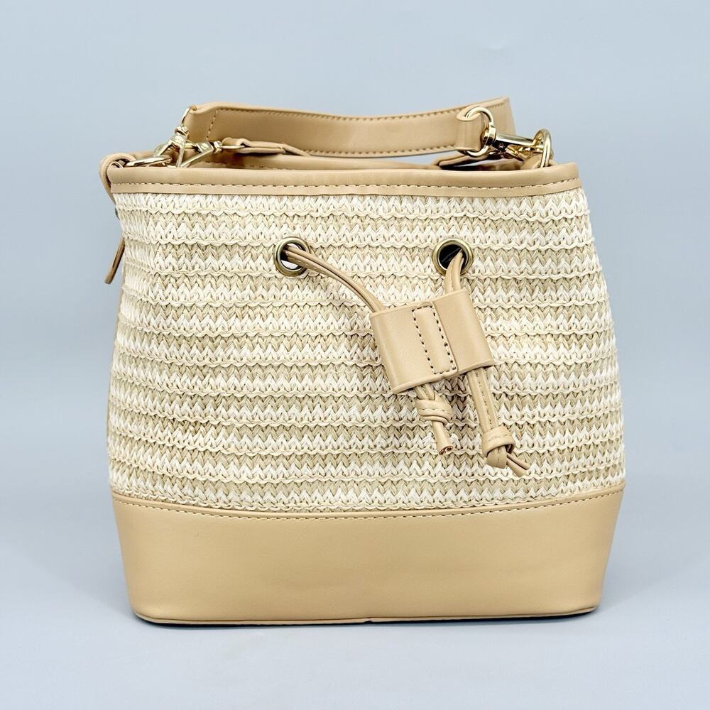 Boho Woven Tan Beige Drawstring Shoulder Bag Purse Crossbody Handbag
